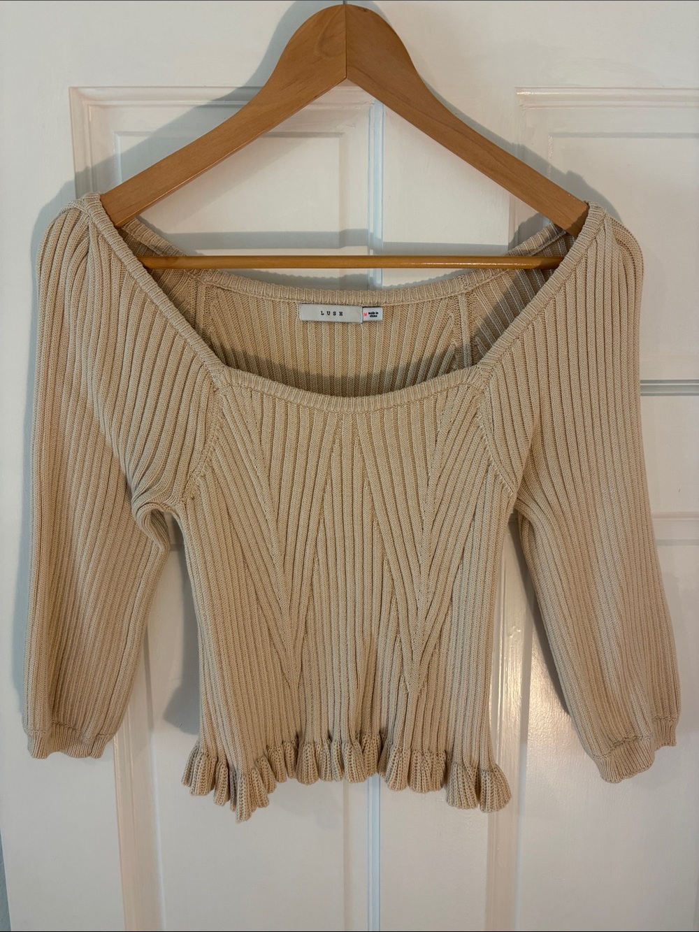 Lush Cream Ribbed Scoop-Neck Cropped Sweater